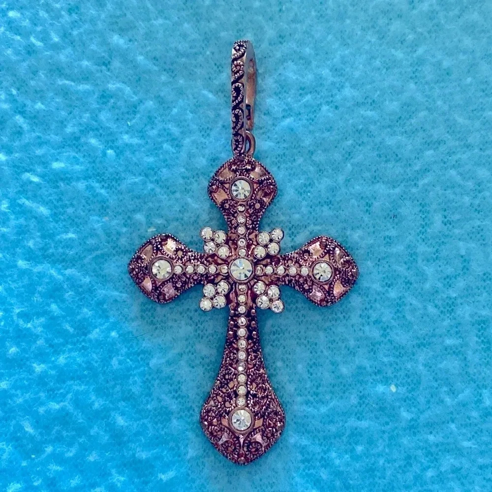 Vintage victorian style rhinestone filigree cross pendant purse clip or keychain